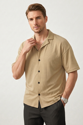 Beige Cuban Collar Shirt - VENARI