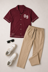 Monaco Relaxed Fit Set - Maroon/Beige