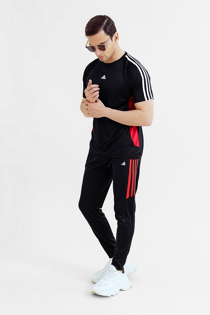 Adi Tri liner Black Tracksuit with RED and White Stripes.