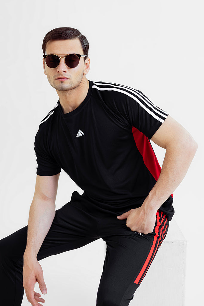 Buy black track suits in Pakistan with stripes.