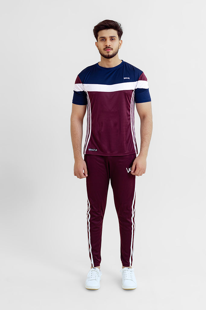 maroon tracksuit with blue combination